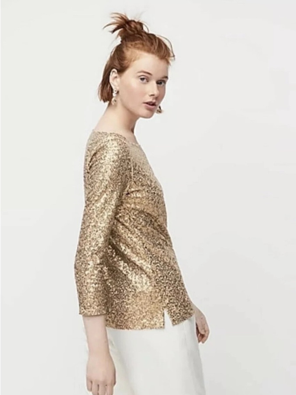 J. Crew Gold Sequins‎ Cotton Linen Blend 3/4 Sleeve Scoop Neck Top Size S NWT